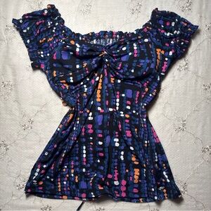 vintage y2k candies blue multicolor babydoll tie‑front blouse – size small